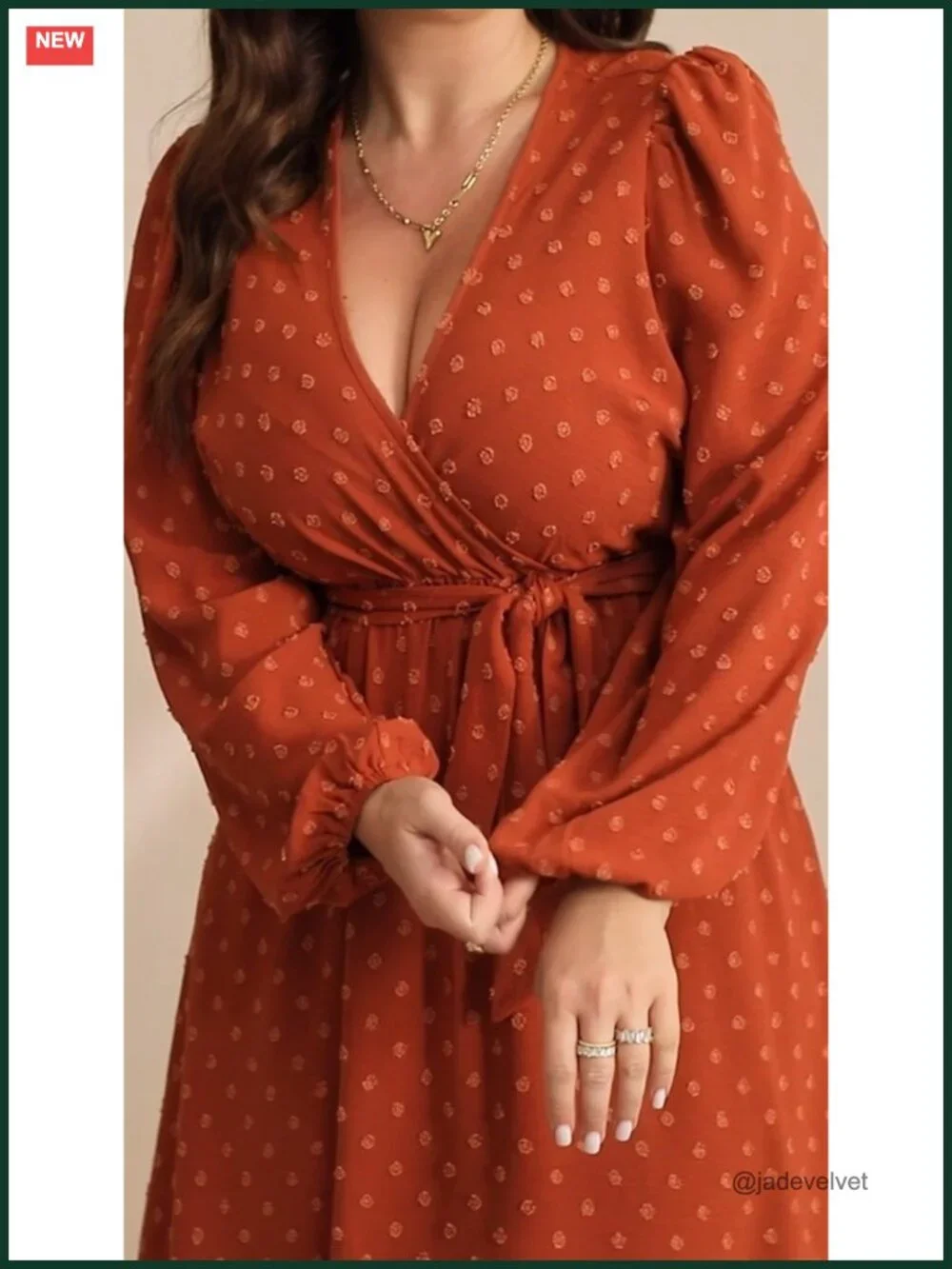 Plus Size Wrap V-Neck Long Sleeve Maxi Dress Swiss Dot with Pockets